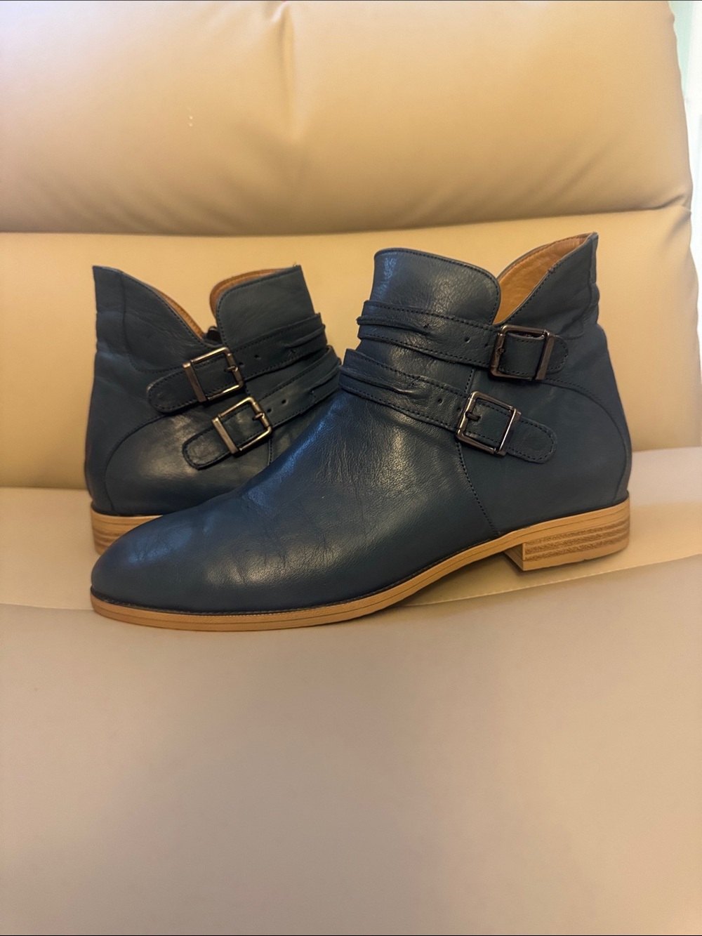 Women’s Light Navy Genuine Leather Double-Buckle Ankle Boots